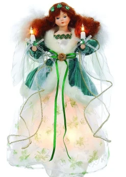 Kurt Adler Finials-Irish Angel In Green Dress Light Up Christmas Tree Topper With 10 Lights Ul2213