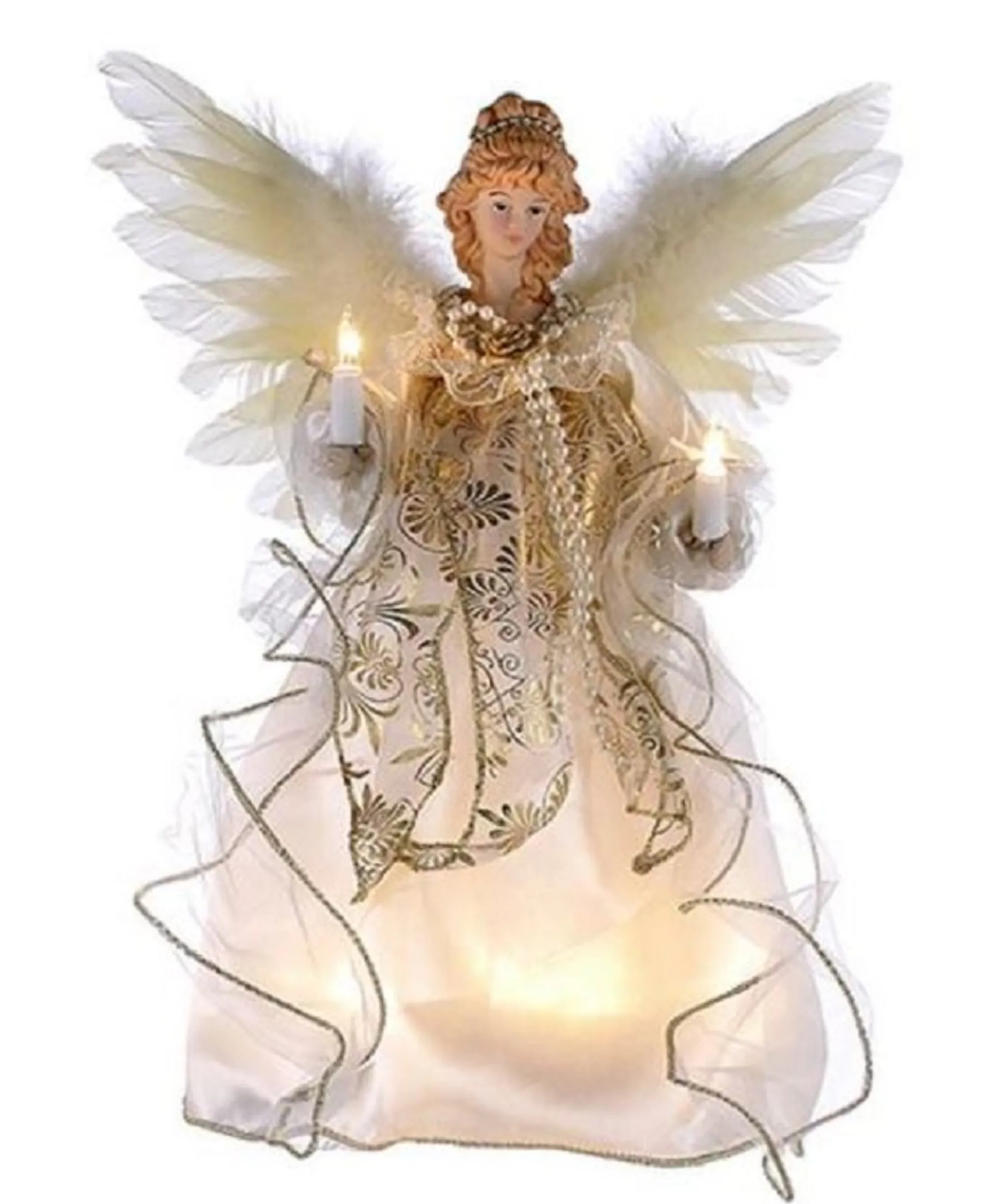 Kurt Adler Finials-Ivory And Gold Angel Light Up Christmas Tree Topper Decoration New 12 Inch