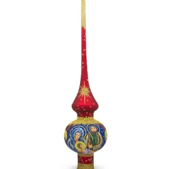 BESTPYSANKY Angels-Jesus, Mary And Joseph Nativity On Red Glass Christmas Tree Topper 11 Inches