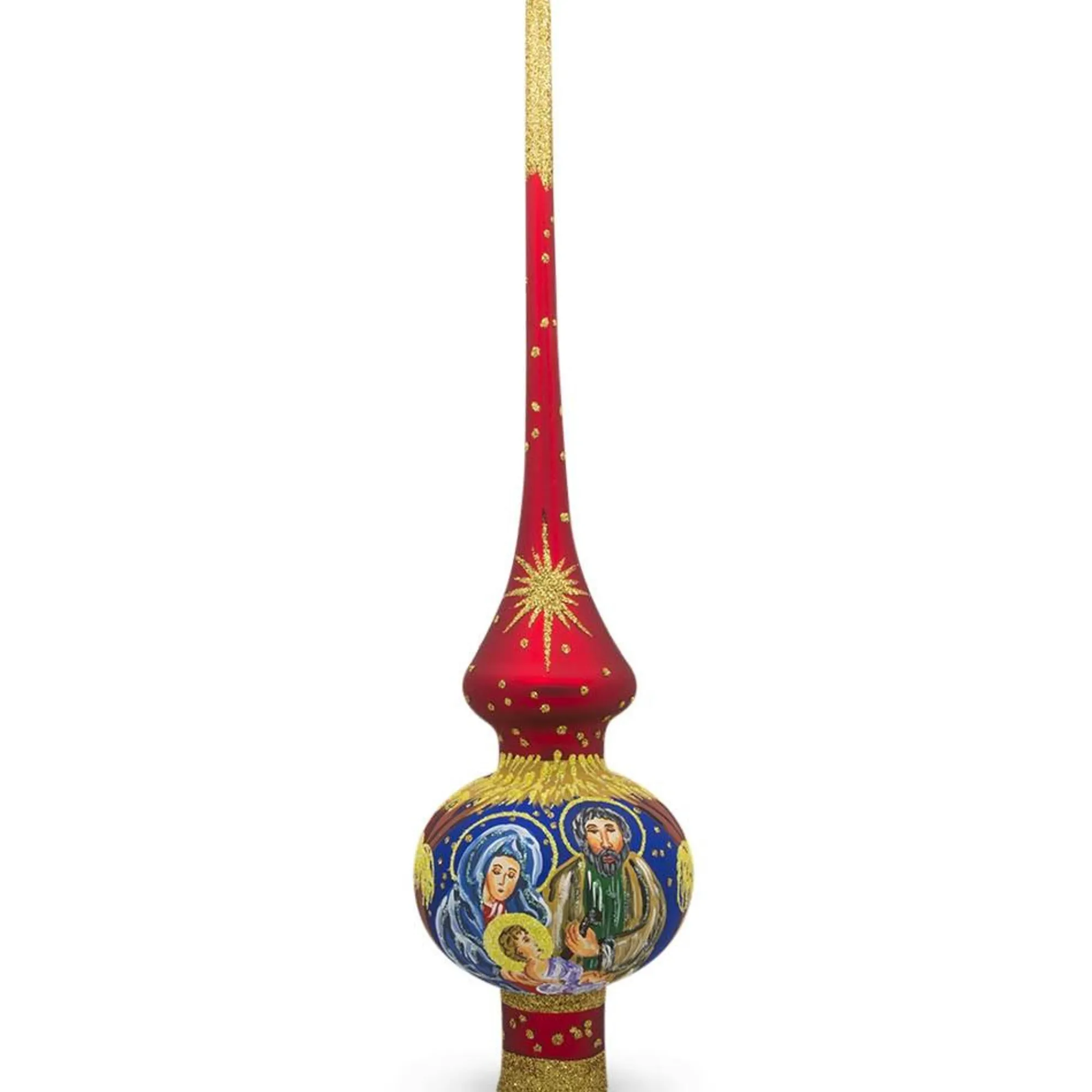 BESTPYSANKY Angels-Jesus, Mary And Joseph Nativity On Red Glass Christmas Tree Topper 11 Inches