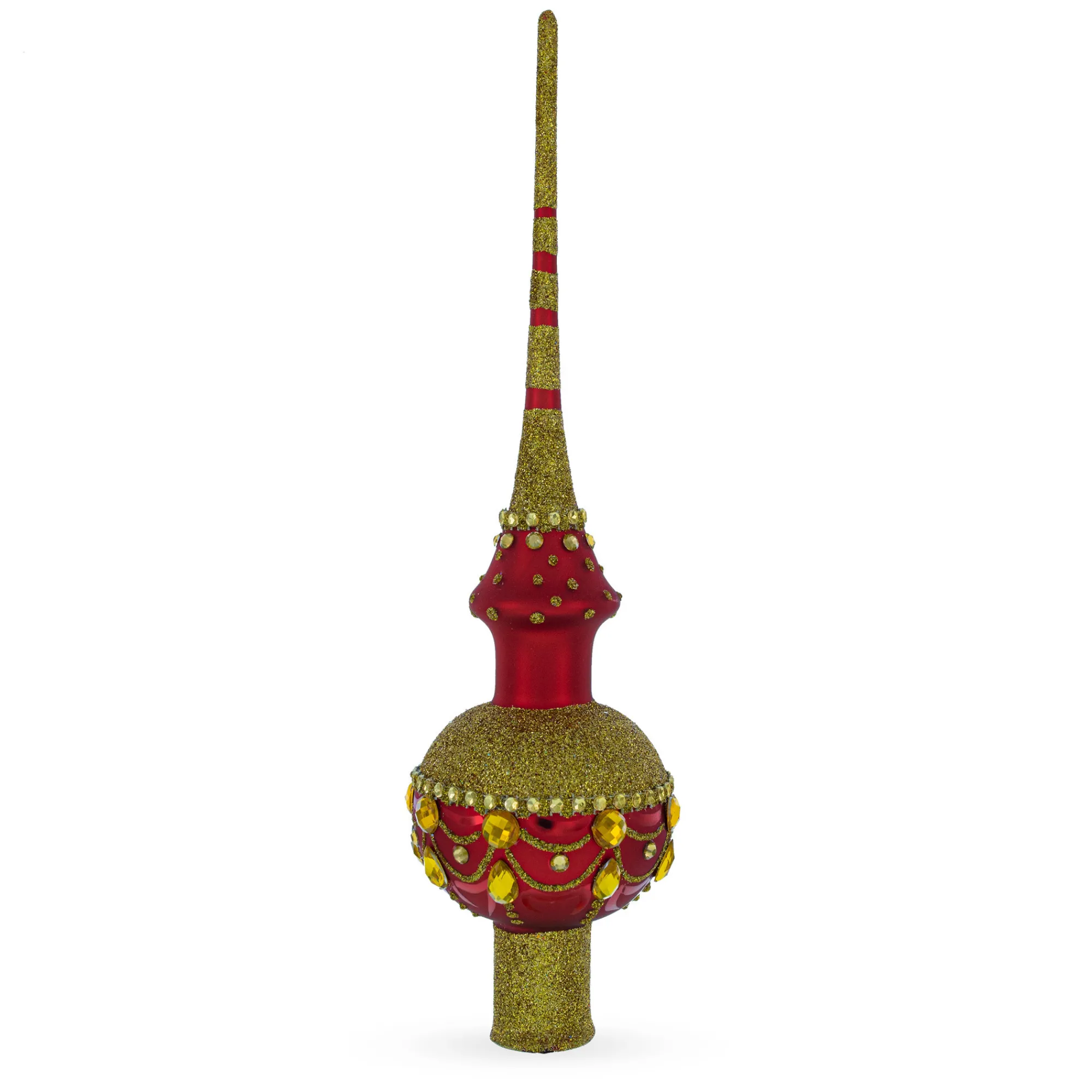 BESTPYSANKY Finials-Jeweled Gold On Red Glass Christmas Tree Topper 11 Inches