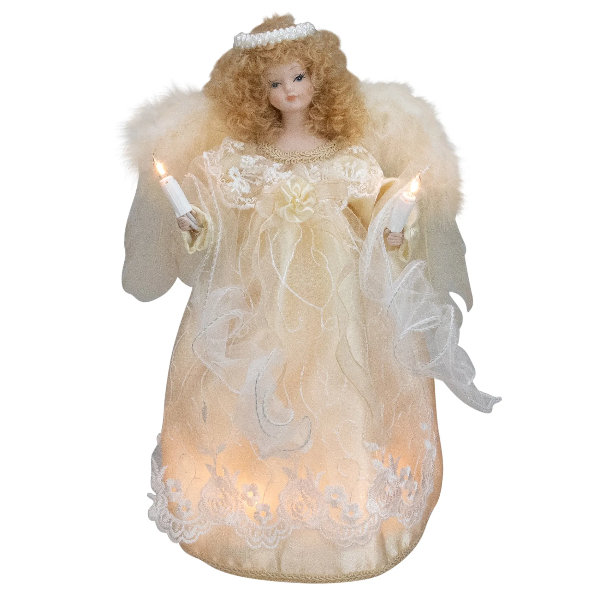 Kurt Adler Angels- 12" Lighted Ivory Angel With Halo Christmas Tree Topper - Clear Lights