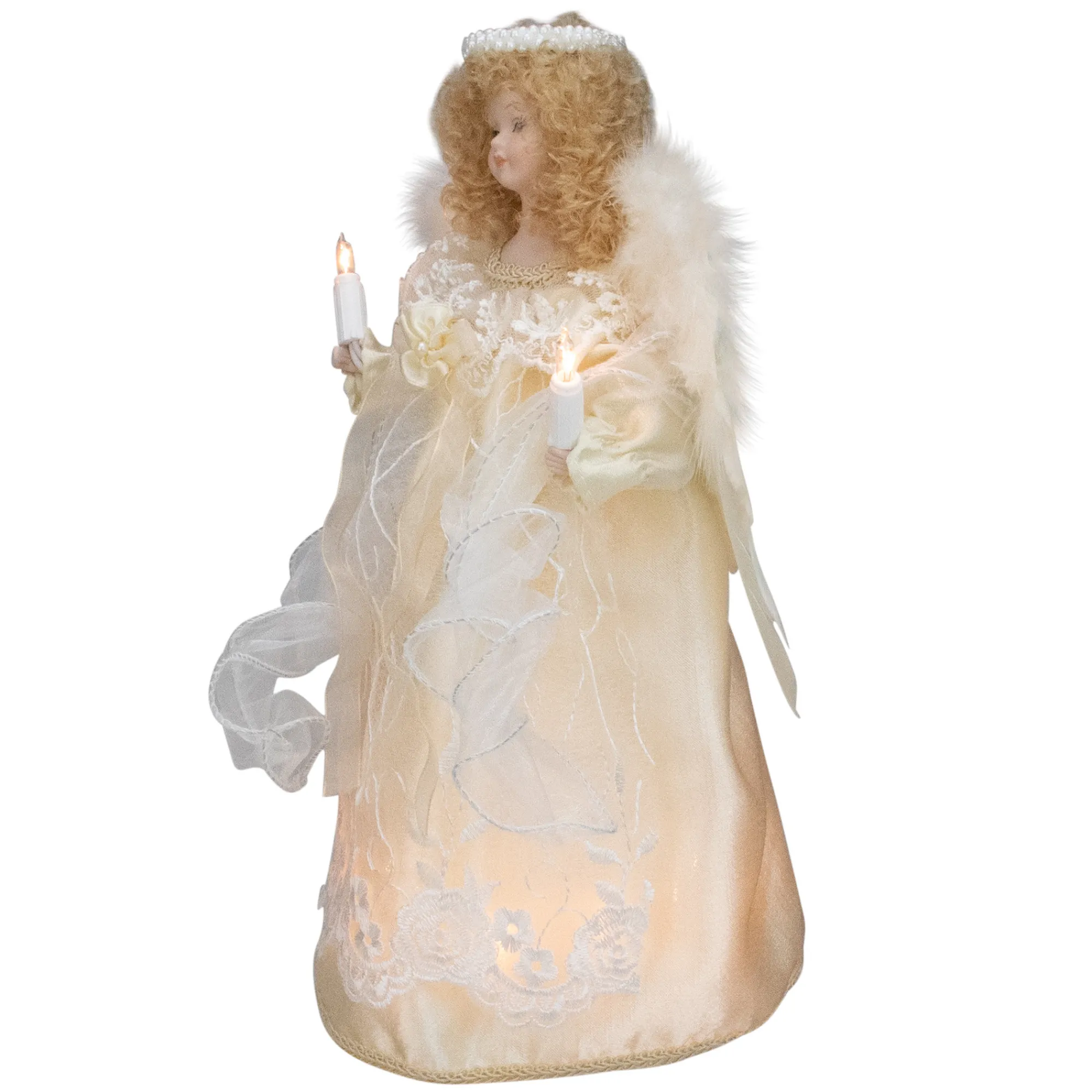 Kurt Adler Angels- 12" Lighted Ivory Angel With Halo Christmas Tree Topper - Clear Lights