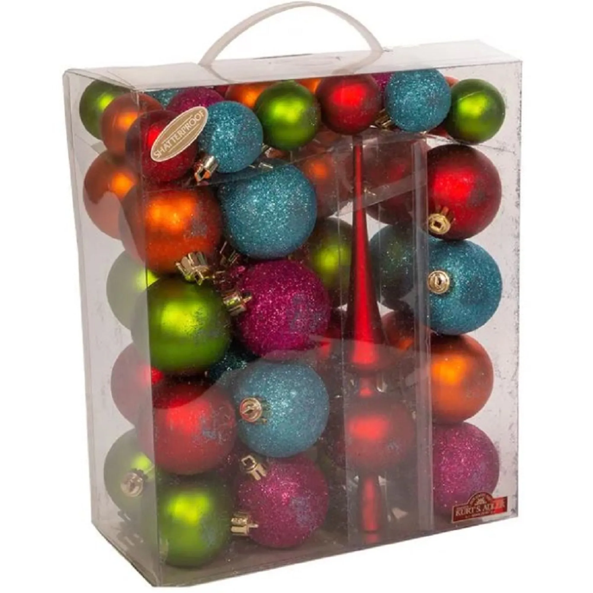 Kurt Adler Finials-40Mm-60Mm Shatterproof Multicolored Ball And Tree Topper 47 Piece Set Pl0887M