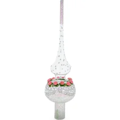 BESTPYSANKY Snowflake-Pink Roses And White Color Tracery Glass Christmas Tree Topper 11 Inches
