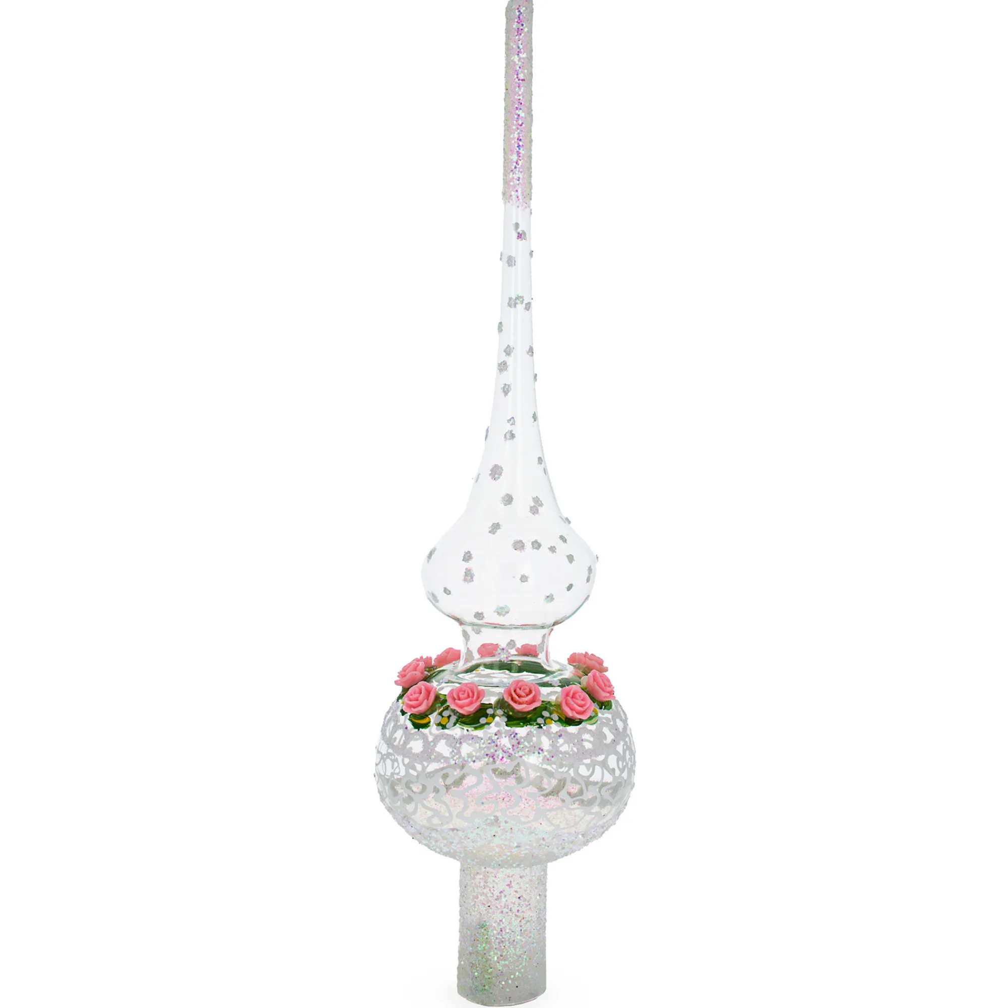 BESTPYSANKY Snowflake-Pink Roses And White Color Tracery Glass Christmas Tree Topper 11 Inches