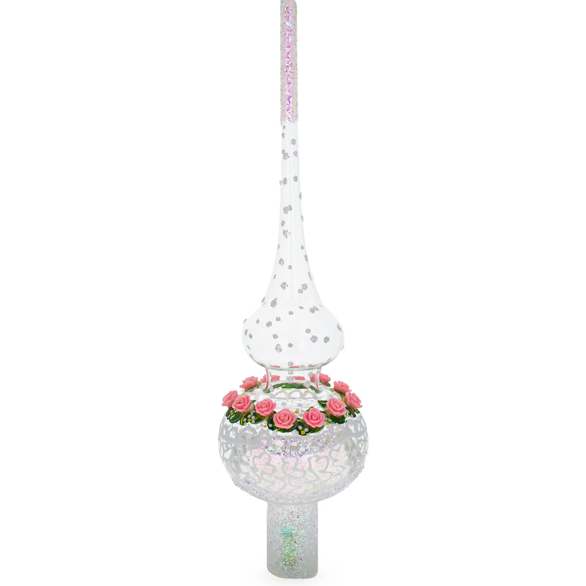 BESTPYSANKY Snowflake-Pink Roses And White Color Tracery Glass Christmas Tree Topper 11 Inches