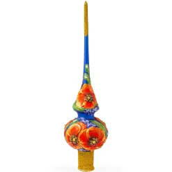 BESTPYSANKY Snowflake-Poppy Flowers On Blue Glass Christmas Tree Topper 11 Inches