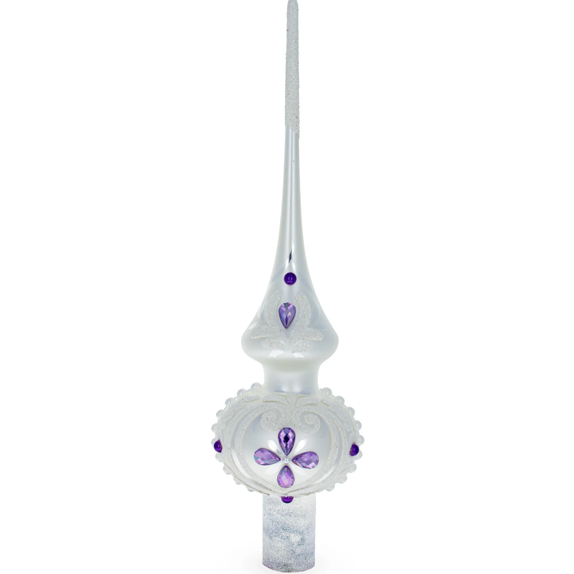 BESTPYSANKY Snowflake-Purple Jewel Star On White Glittered Glass Christmas Tree Topper 11 Inches