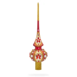 BESTPYSANKY Snowflake-Rubies On Red And Gold Glass Christmas Tree Topper 11 Inches