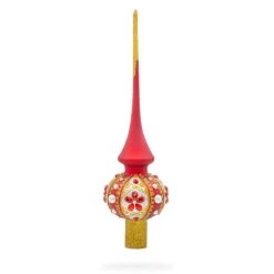 BESTPYSANKY Snowflake-Rubies On Red And Gold Glass Christmas Tree Topper 11 Inches
