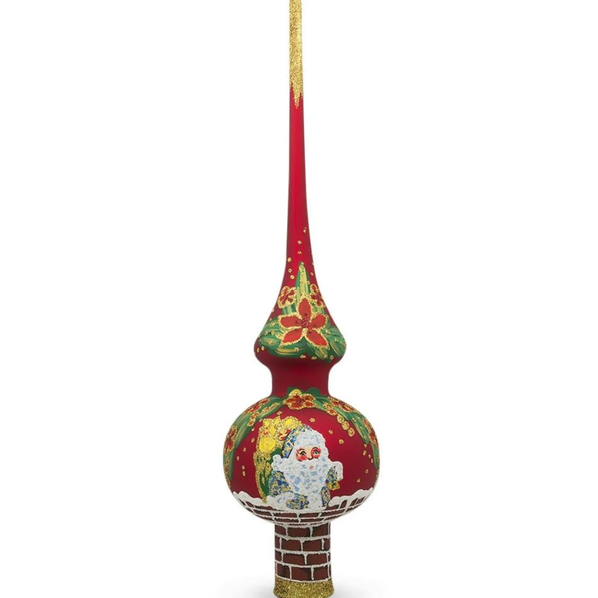 BESTPYSANKY Santa Claus-Santa Climbing Down Chimney On Red Glass Christmas Tree Topper 11 Inches