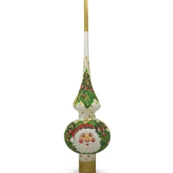 BESTPYSANKY Santa Claus-Santa Head And Gold Mistletoe On White Glass Christmas Tree Topper 11 Inches - Bbb-231