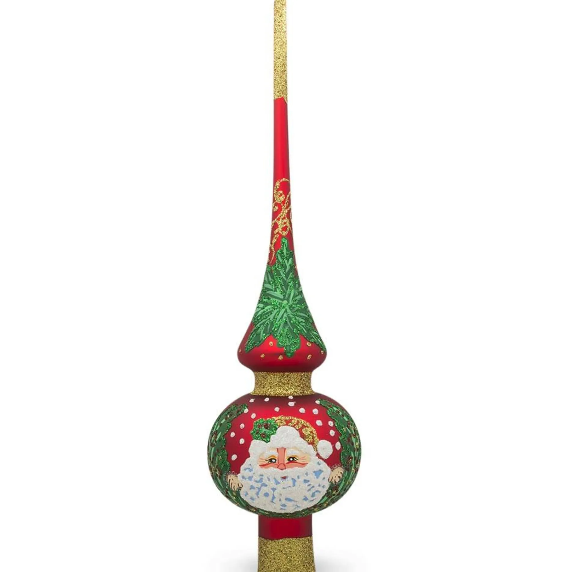 BESTPYSANKY Santa Claus-Santa Head And Mistletoe On Red Glass Christmas Tree Topper 11 Inches - Bbb-267
