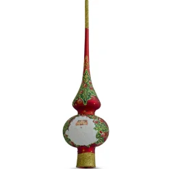 BESTPYSANKY Santa Claus-Santa Head And Mistletoe Wreath On Red Glass Christmas Tree Topper 11 Inches