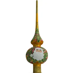 BESTPYSANKY Santa Claus-Santa Head And Mistletoe On Gold Glass Christmas Tree Topper 11 Inches - Bbb-290-Y
