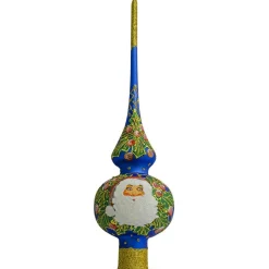 BESTPYSANKY Santa Claus-Santa Head And Mistletoe Wreath On Blue Glass Christmas Tree Topper 11 Inches