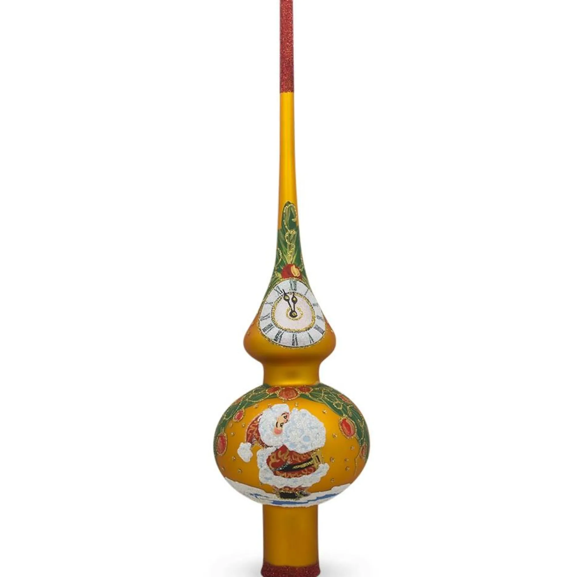 BESTPYSANKY Santa Claus-Santa Looking At Clock On Gold Glass Christmas Tree Topper 11 Inches - Bbb-283
