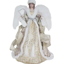 Home and Holiday Shops Finials-Santa's Workshop Gold Regal Angel With Harp Christmas Tree Topper 16 Inch