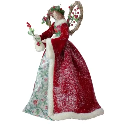 Roman Angels-Set Of 2 Beige And Red Holly Floral Dress Angel Christmas Tree Toppers 17"