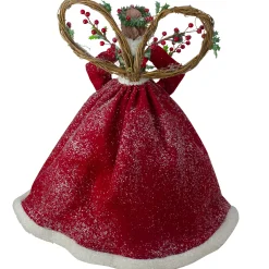 Roman Angels-Set Of 2 Beige And Red Holly Floral Dress Angel Christmas Tree Toppers 17