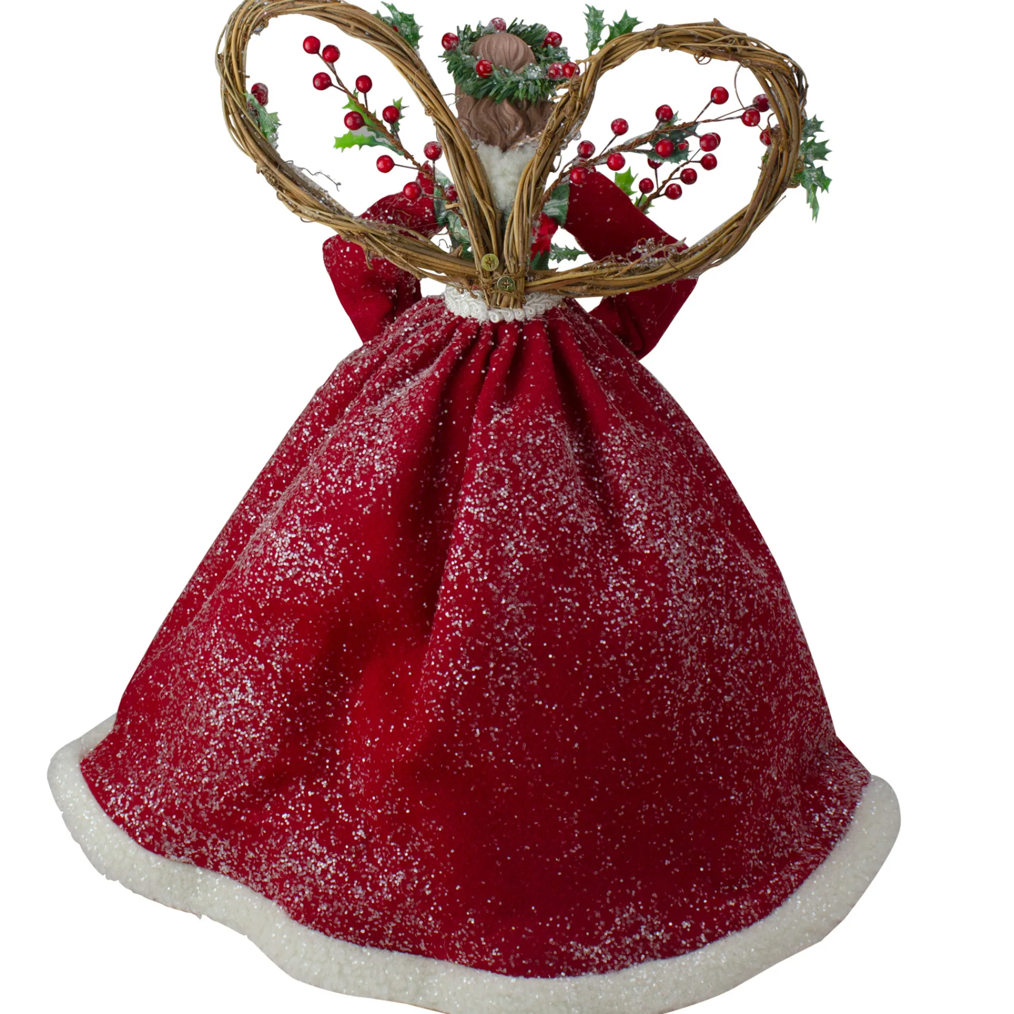 Roman Angels-Set Of 2 Beige And Red Holly Floral Dress Angel Christmas Tree Toppers 17"