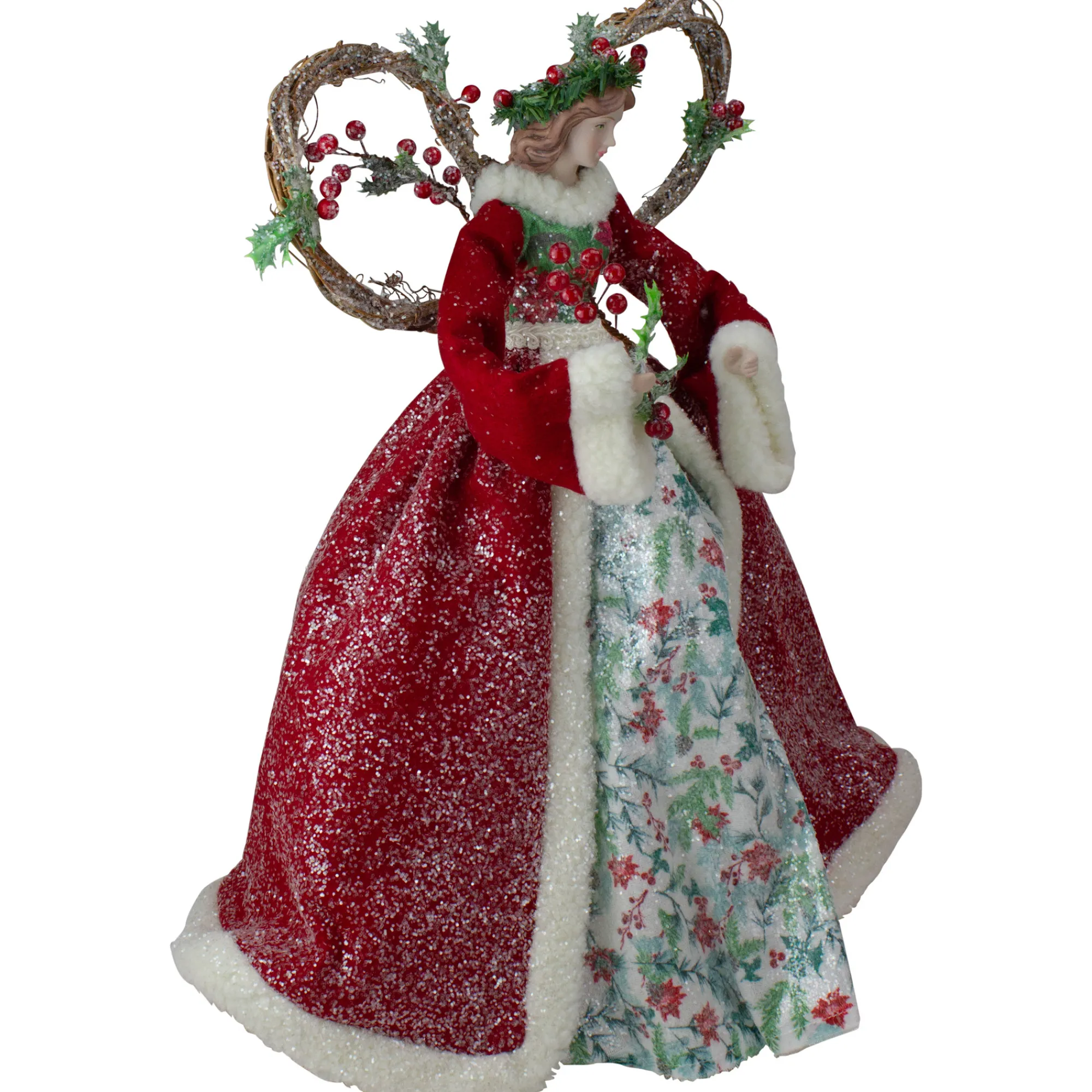 Roman Angels-Set Of 2 Beige And Red Holly Floral Dress Angel Christmas Tree Toppers 17"