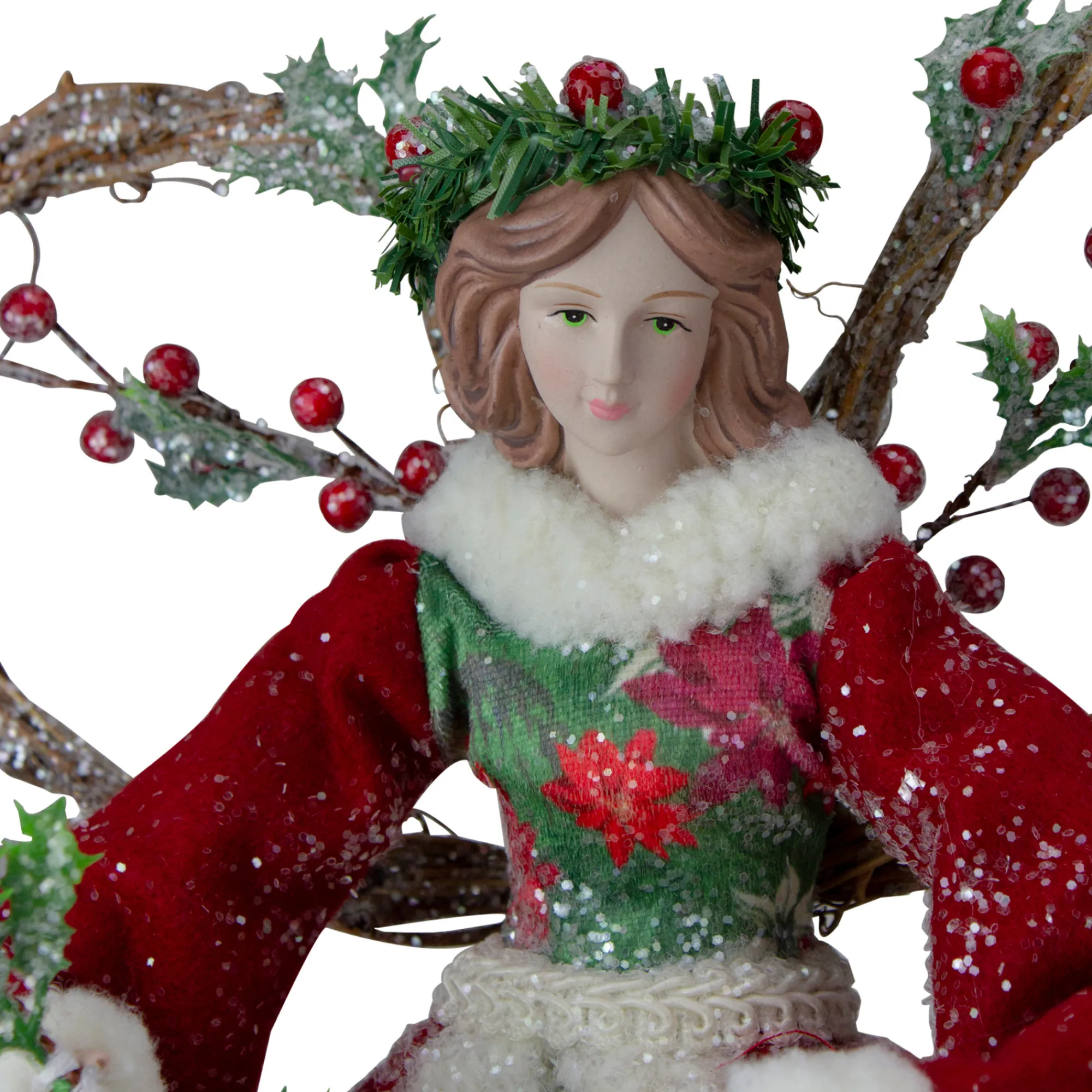Roman Angels-Set Of 2 Beige And Red Holly Floral Dress Angel Christmas Tree Toppers 17"