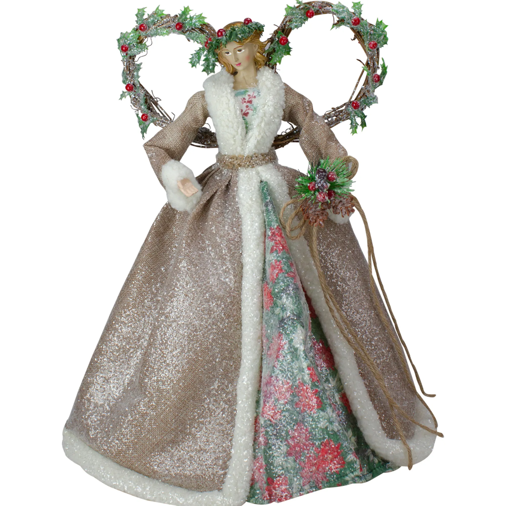 Roman Angels-Set Of 2 Beige And Red Holly Floral Dress Angel Christmas Tree Toppers 17"