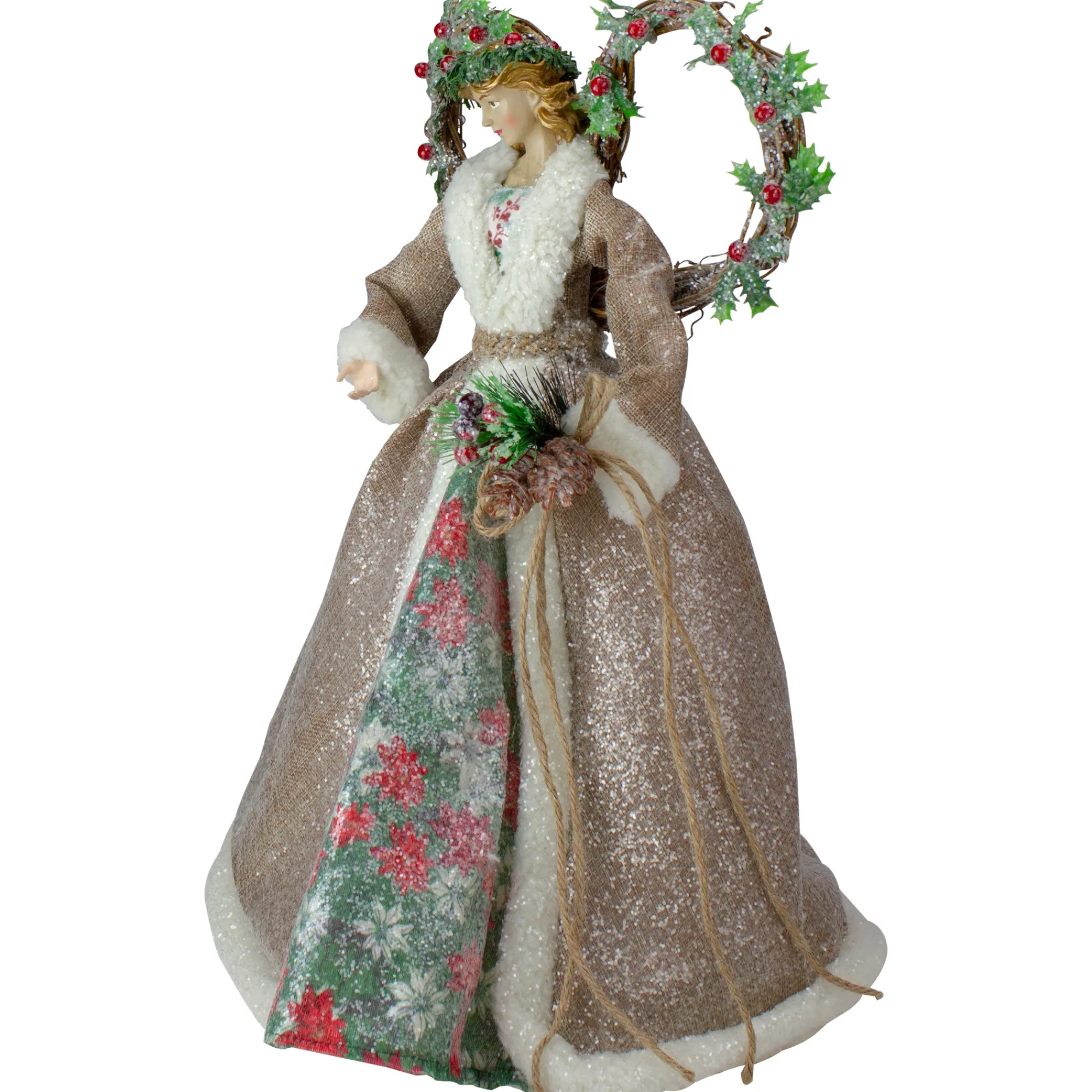 Roman Angels-Set Of 2 Beige And Red Holly Floral Dress Angel Christmas Tree Toppers 17"