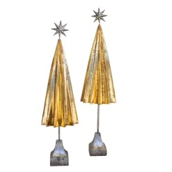 Contemporary Home Living Unlit-Set Of 2 Folded Gold Metal Christmas Trees With Silver Stars