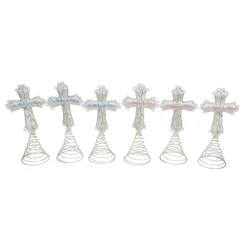 Roman Stars-Set Of 6 Ivory And Green God Bless Baby's First Christmas Cross Tree Toppers 9"