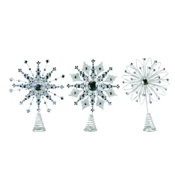 Contemporary Home Living Stars-Set Of 3 Silver And Black Christmas Snowflake Tree Topper 14"