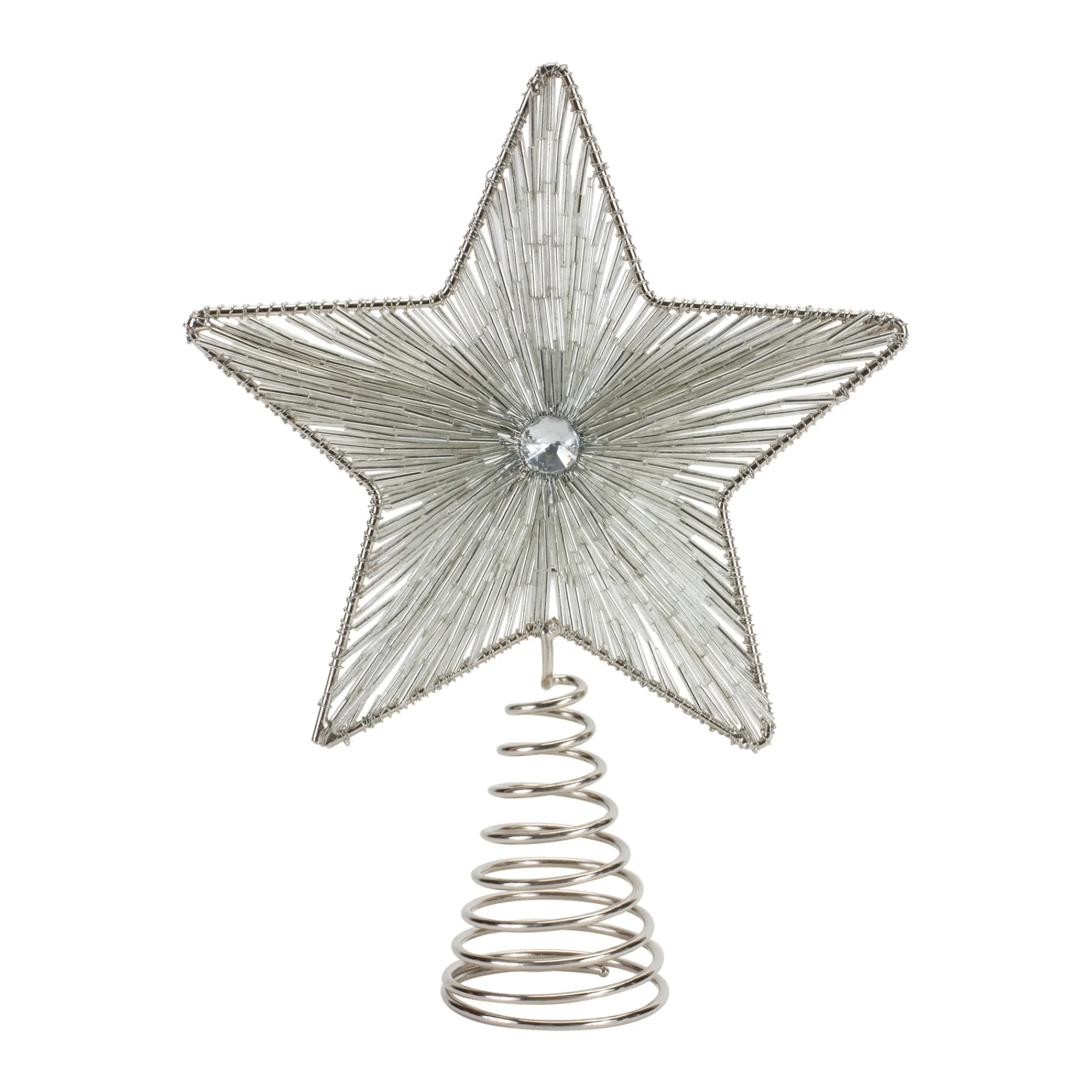 Melrose Stars-Set Of 6 Silver Beaded Star Christmas Tree Toppers, Unlit 9.25"