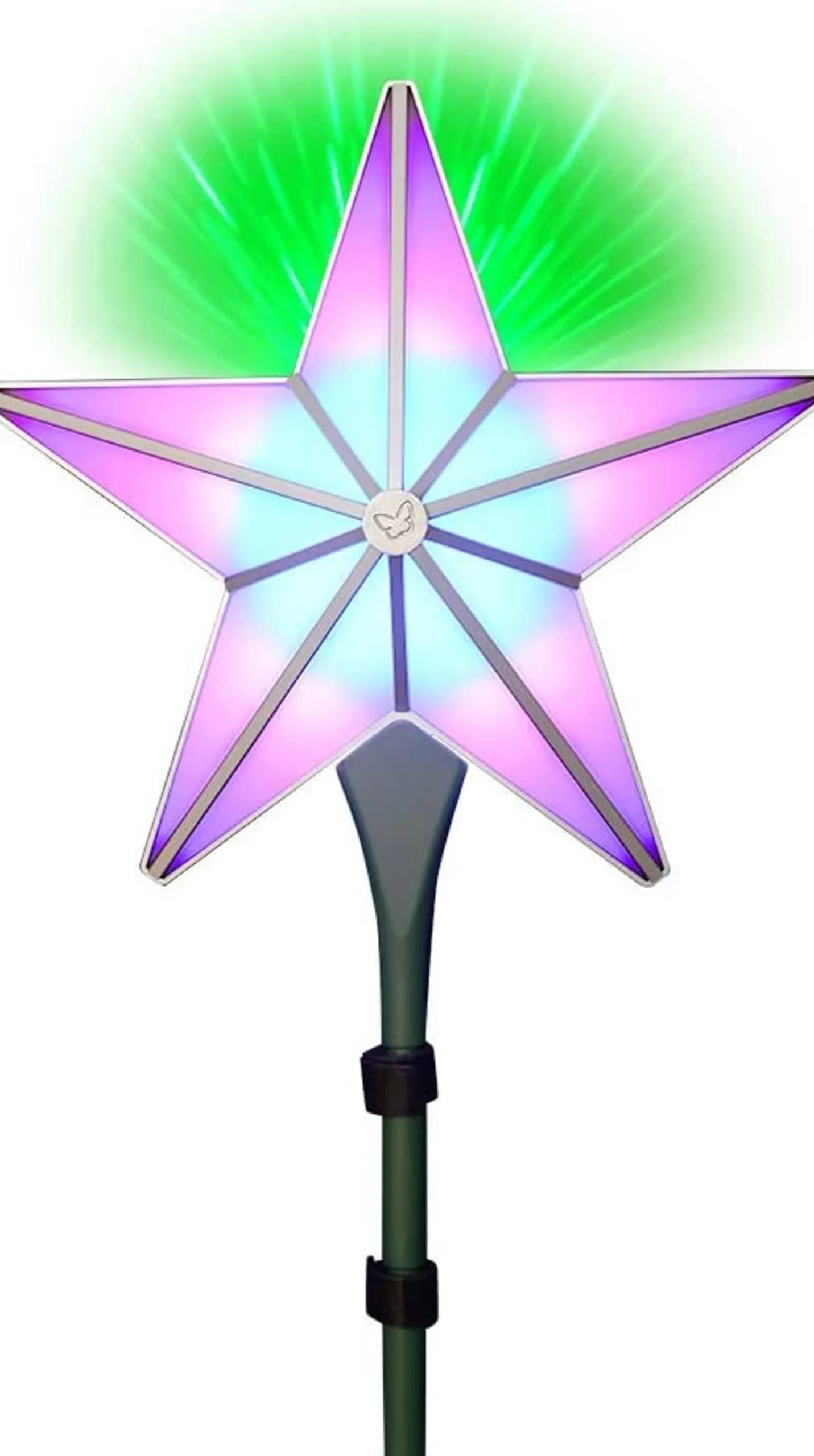 BlissLights Stars-Shining Star Christmas Tree Topper - Multicolored Led Light Show, Indoor Holiday Projector Lighting (Silver Trim, Green Stars)
