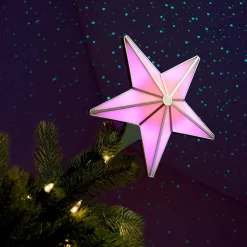 BlissLights Stars-Shining Star Christmas Tree Topper - Multicolored Led Light Show, Indoor Holiday Projector Lighting (Silver Trim, Green Stars)