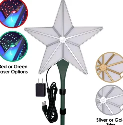 BlissLights Stars-Shining Star Christmas Tree Topper - Multicolored Led Light Show, Indoor Holiday Projector Lighting (Silver Trim, Green Stars)