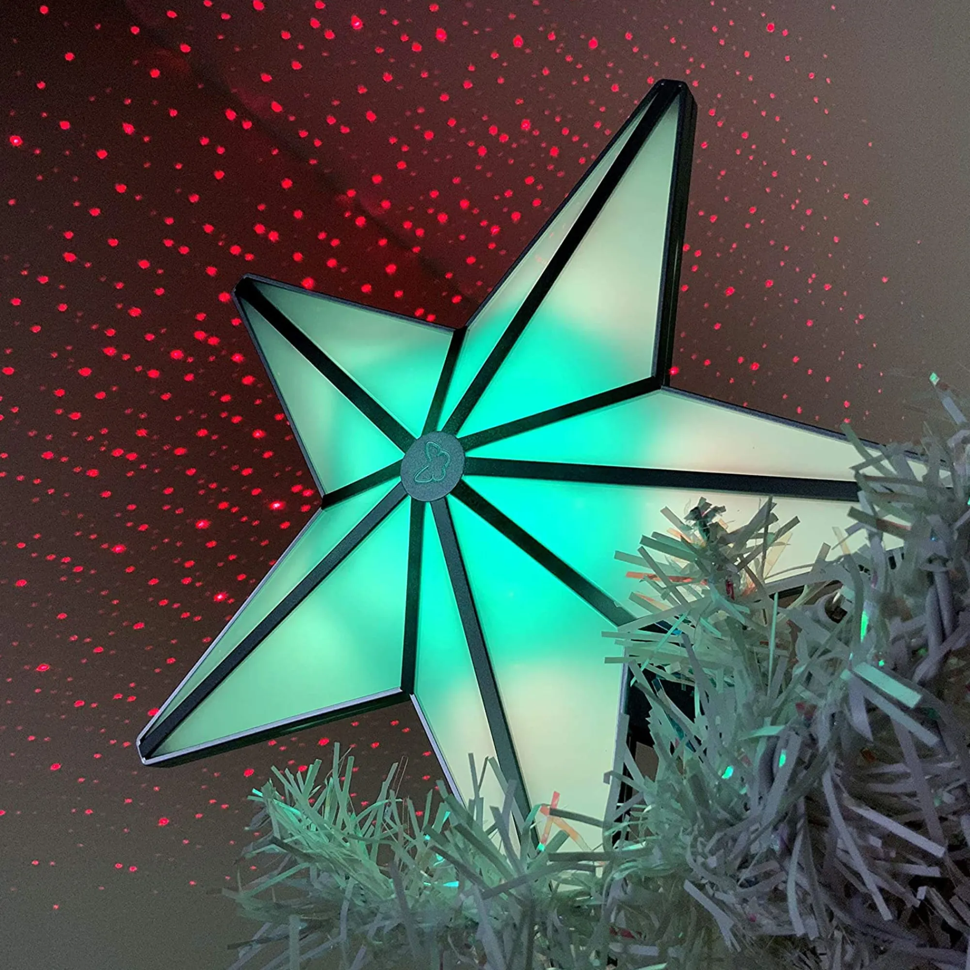 BlissLights Stars-Shining Star Christmas Tree Topper - Multicolored Led Light Show, Indoor Holiday Projector Lighting (Silver Trim, Red Stars)