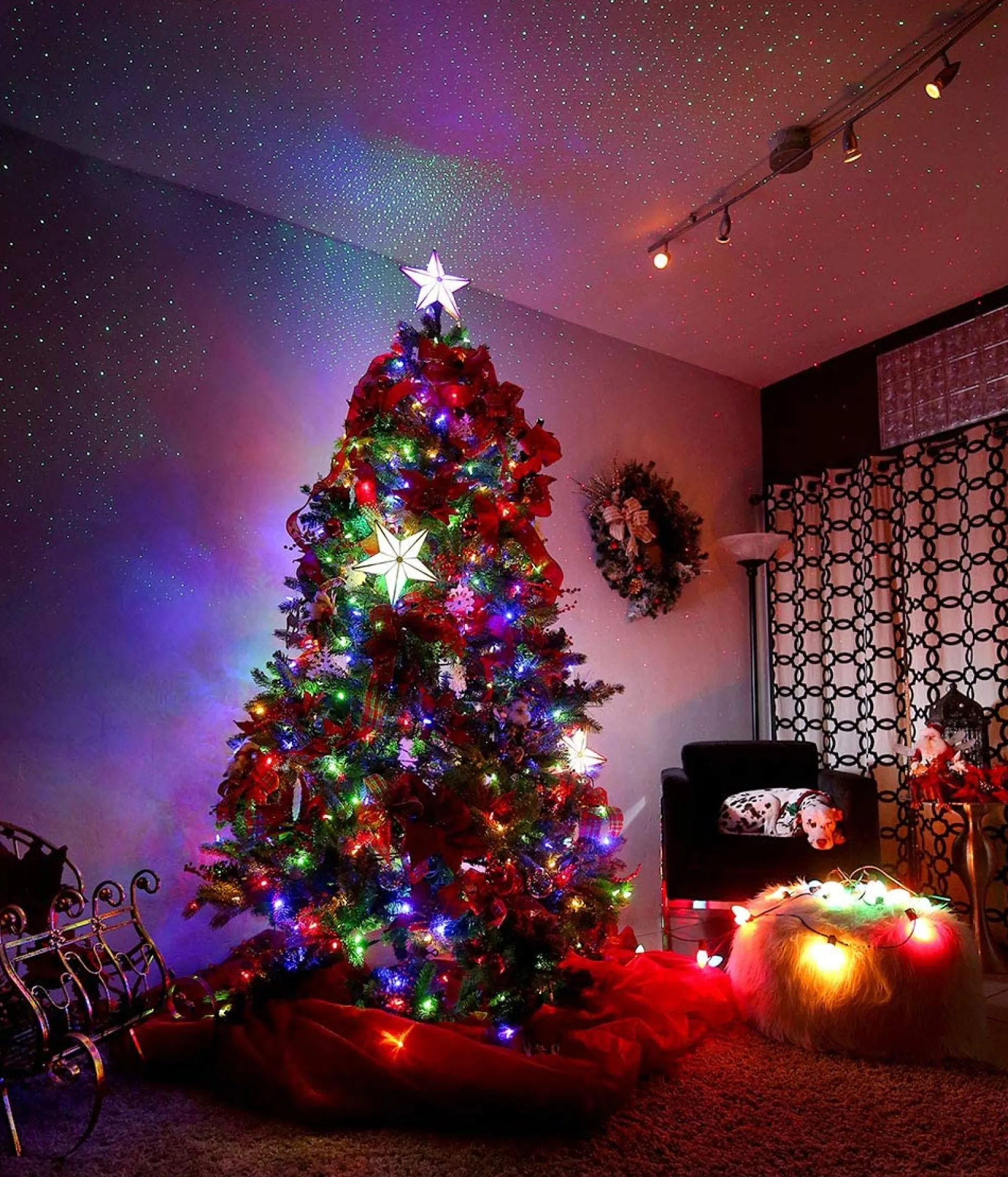 BlissLights Stars-Shining Star Christmas Tree Topper - Multicolored Led Light Show, Indoor Holiday Projector Lighting (Gold Trim, Green Stars)