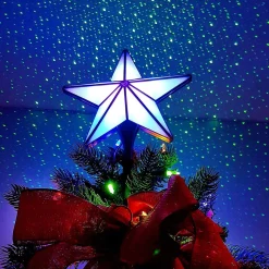 BlissLights Stars-Shining Star Christmas Tree Topper - Multicolored Led Light Show, Indoor Holiday Projector Lighting (Gold Trim, Green Stars)