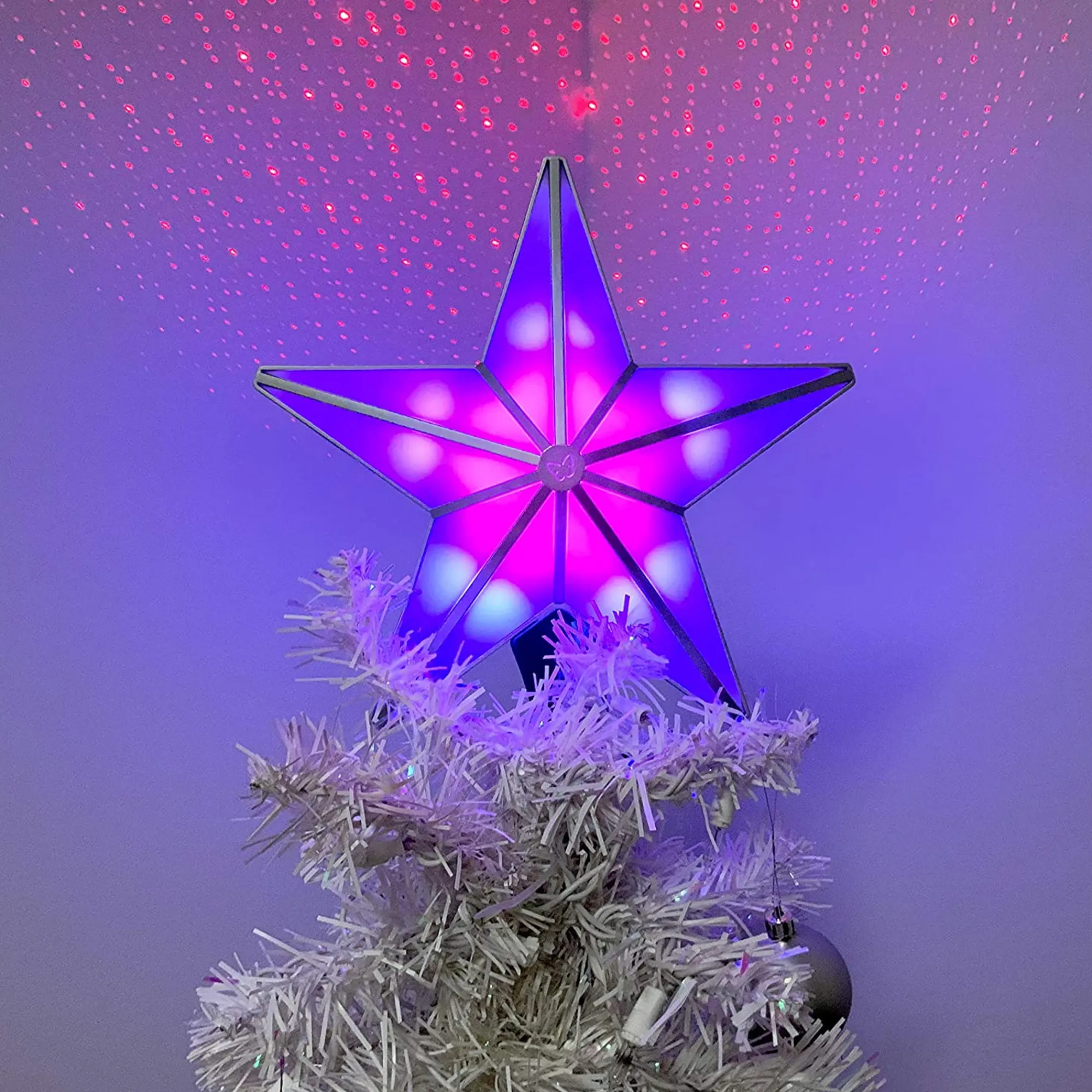 BlissLights Stars-Shining Star Christmas Tree Topper - Multicolored Led Light Show, Indoor Holiday Projector Lighting (Gold Trim, Red Stars)