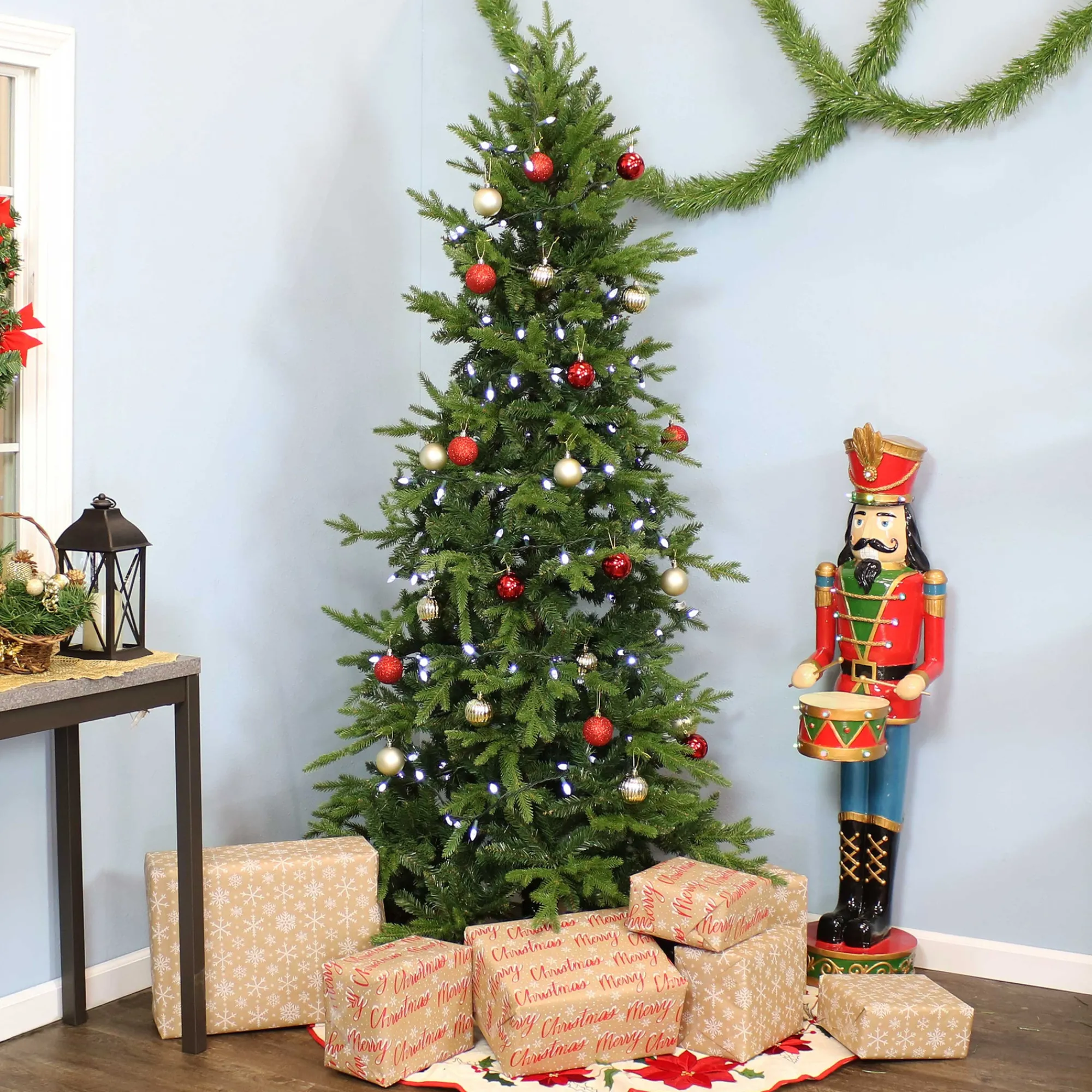 Sunnydaze Decor Unlit-Sunnydaze Indoor Artificial Unlit Slim Christmas Tree With Metal Stand And Hinged Branches - 7' - Green