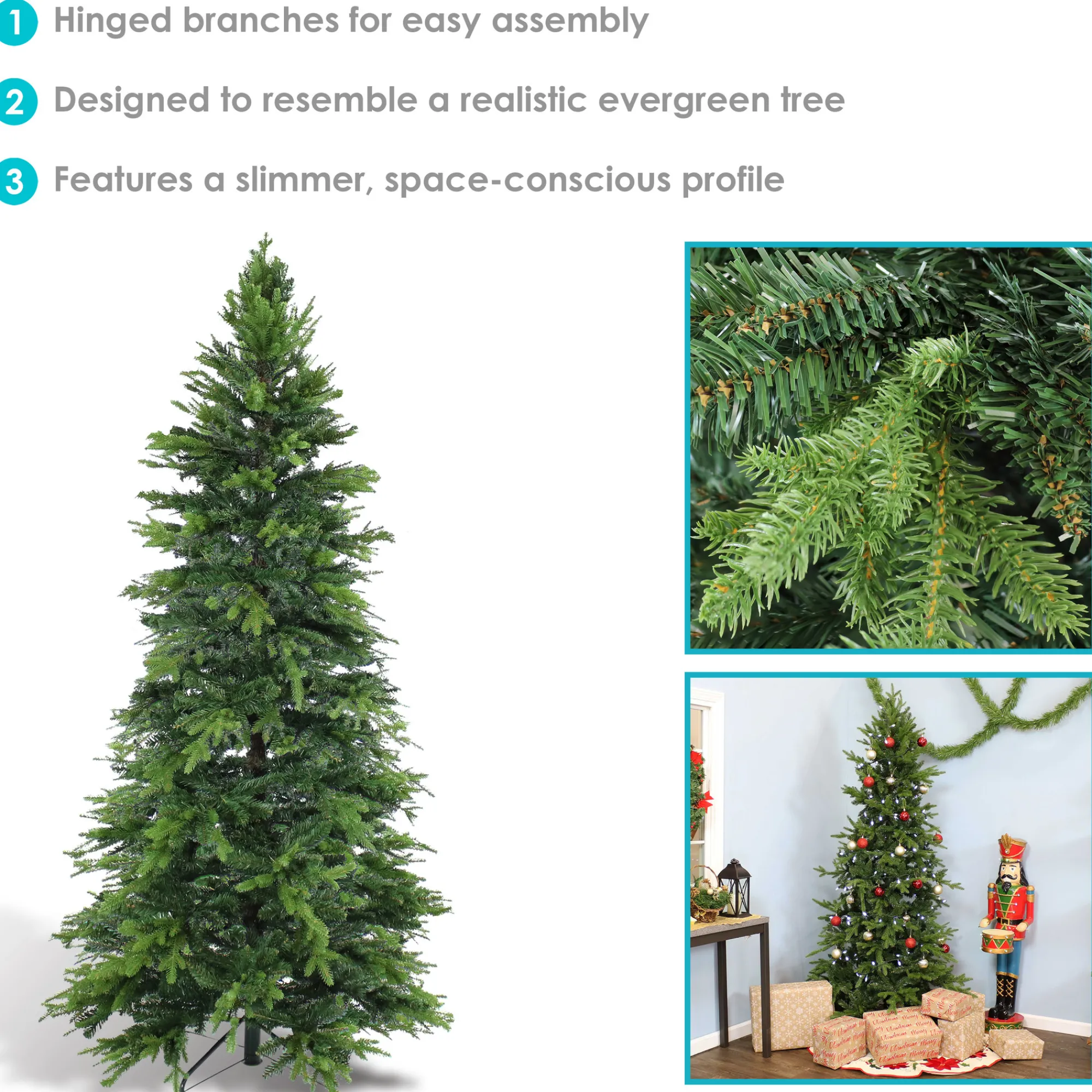 Sunnydaze Decor Unlit-Sunnydaze Indoor Artificial Unlit Slim Christmas Tree With Metal Stand And Hinged Branches - 7' - Green
