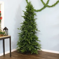 Sunnydaze Decor Unlit-Sunnydaze Indoor Artificial Unlit Slim Christmas Tree With Metal Stand And Hinged Branches - 7' - Green
