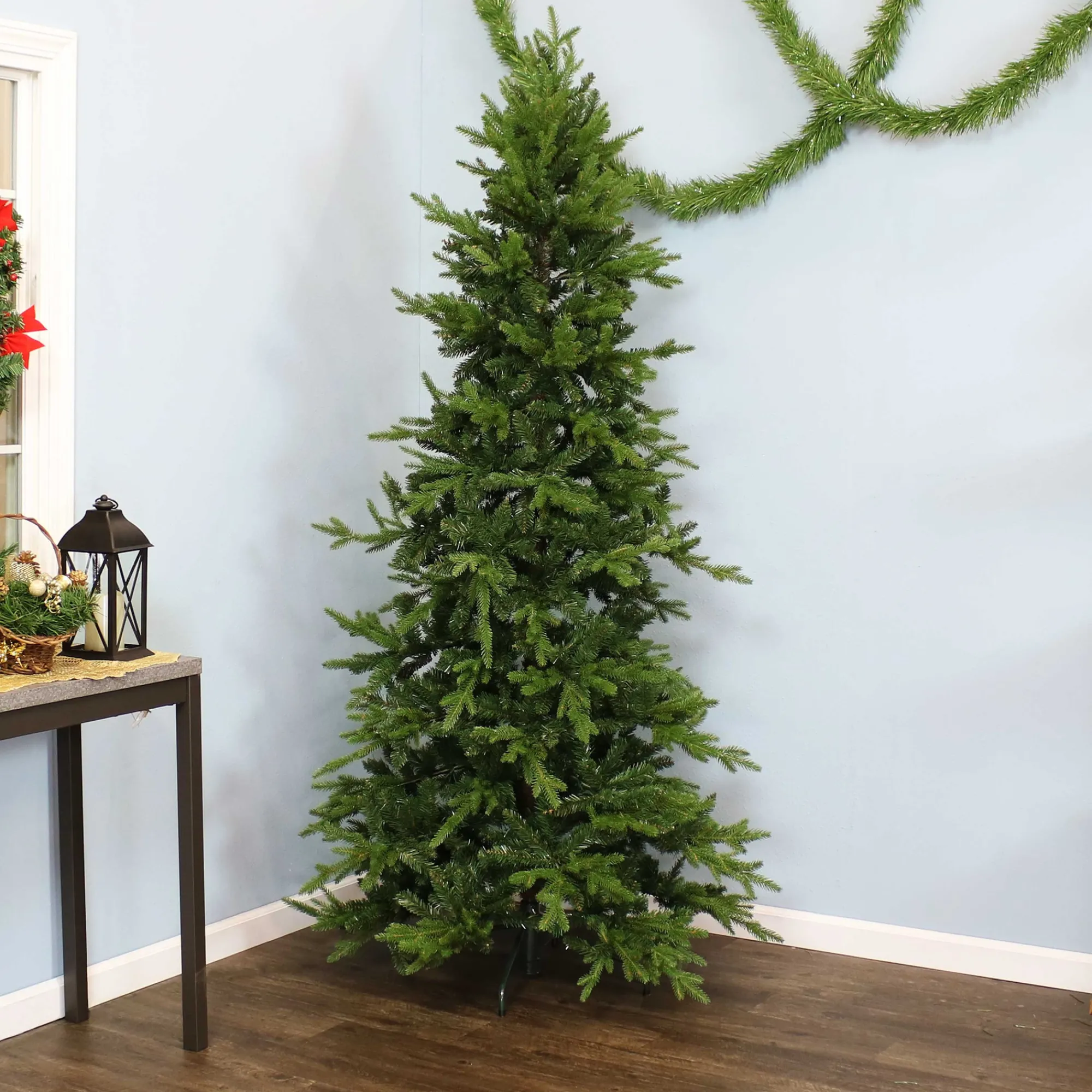 Sunnydaze Decor Unlit-Sunnydaze Indoor Artificial Unlit Slim Christmas Tree With Metal Stand And Hinged Branches - 7' - Green