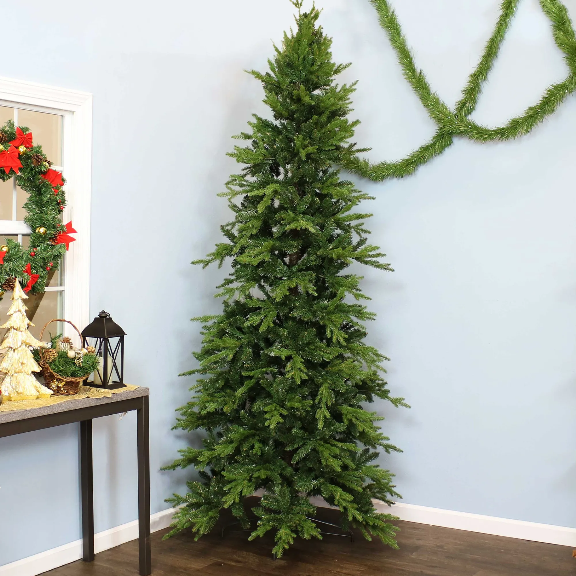 Sunnydaze Decor Unlit-Sunnydaze Indoor Artificial Unlit Slim Christmas Holiday Tree With Metal Stand And Hinged Branches - 8' - Green