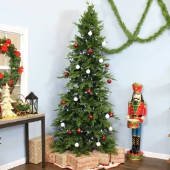 Sunnydaze Decor Unlit-Sunnydaze Indoor Artificial Unlit Slim Christmas Holiday Tree With Metal Stand And Hinged Branches - 8' - Green