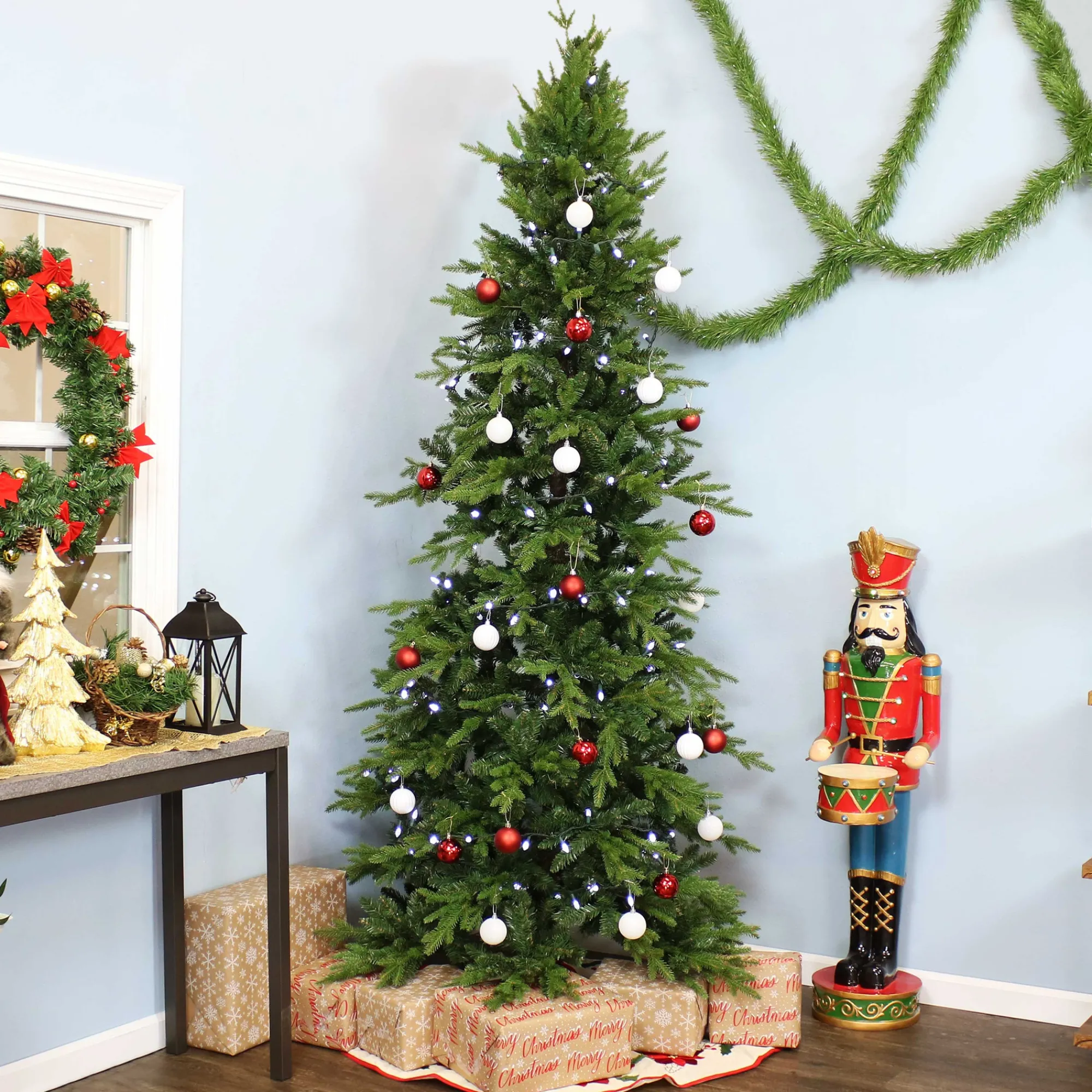 Sunnydaze Decor Unlit-Sunnydaze Indoor Artificial Unlit Slim Christmas Holiday Tree With Metal Stand And Hinged Branches - 8' - Green