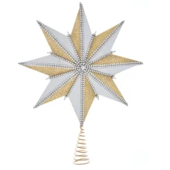 Kurt Adler Finials-Un-Lit White And Gold Star Clear Gemstone Accents Christmas Tree Topper 16 Inch