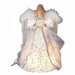 Kurt Adler Finials-White And Silver Angel With Gold Feather Wings Light Up Christmas Tree Topper
